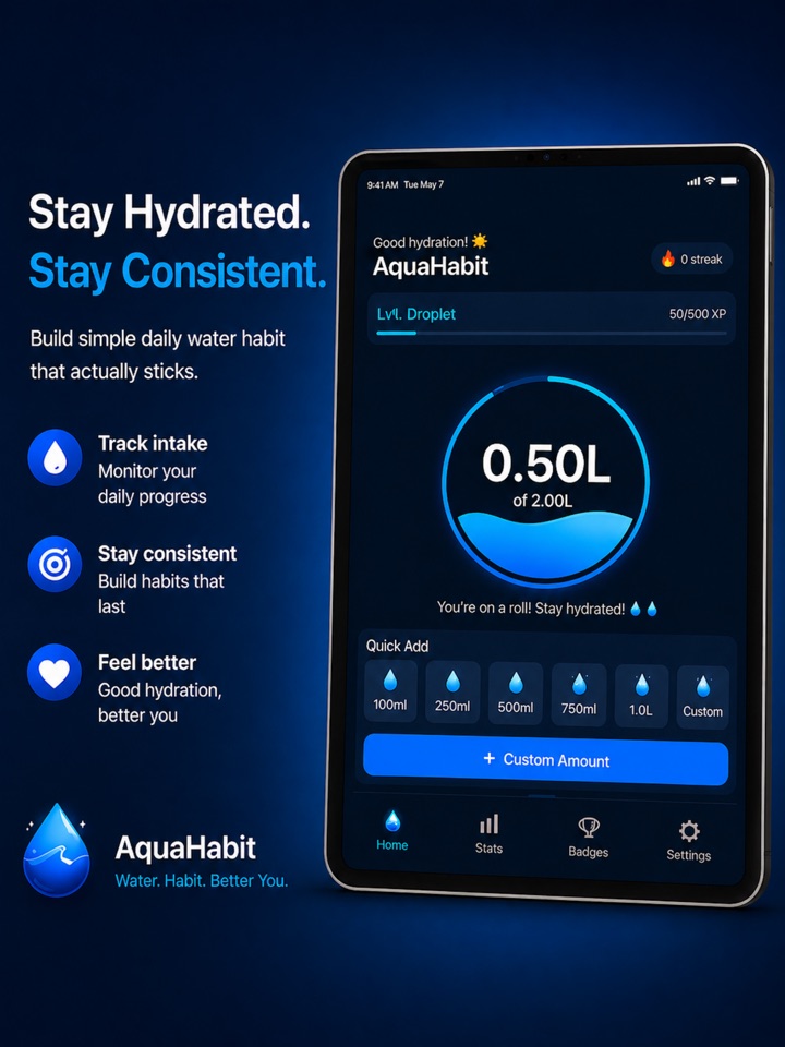 AquaHabit app preview showing water intake tracking