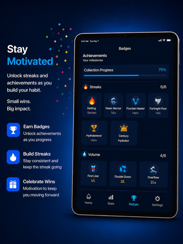 AquaHabit badges and motivation preview
