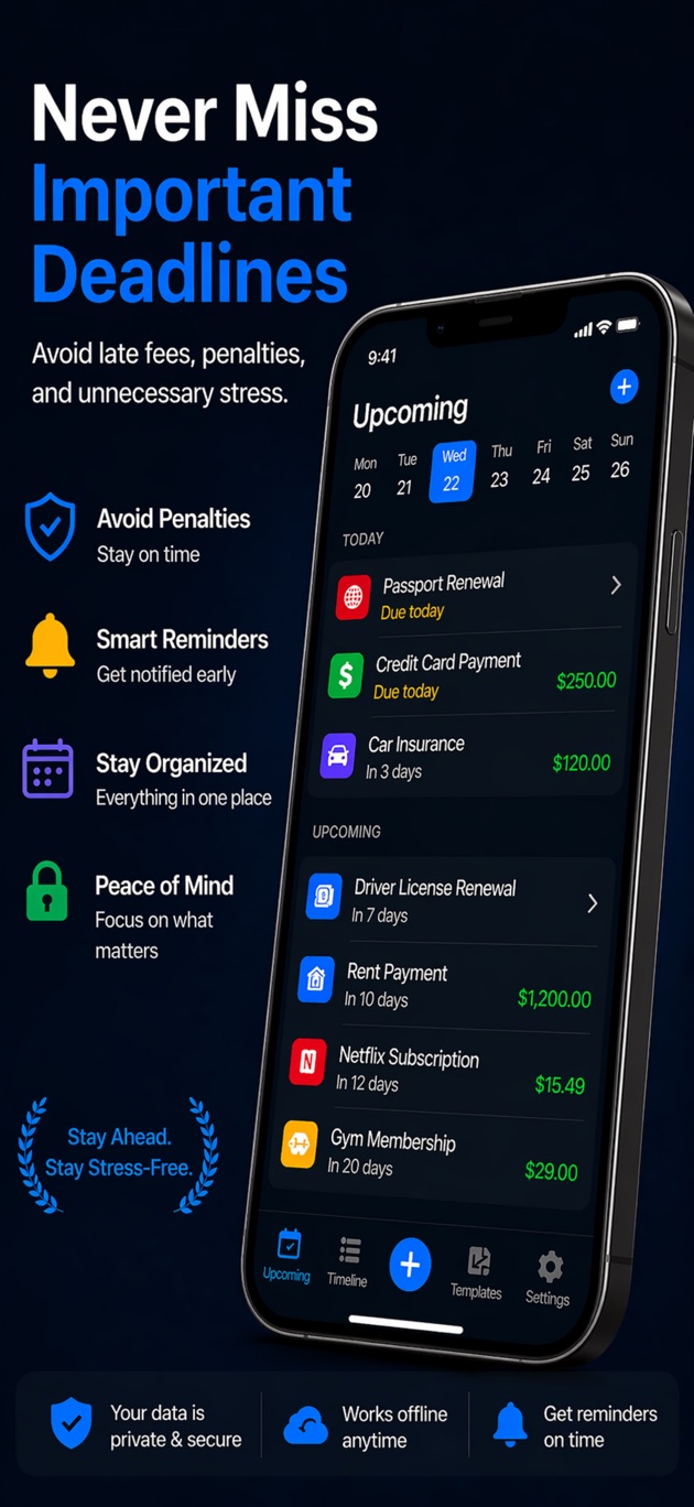 DeadlineGuard app preview showing upcoming deadlines
